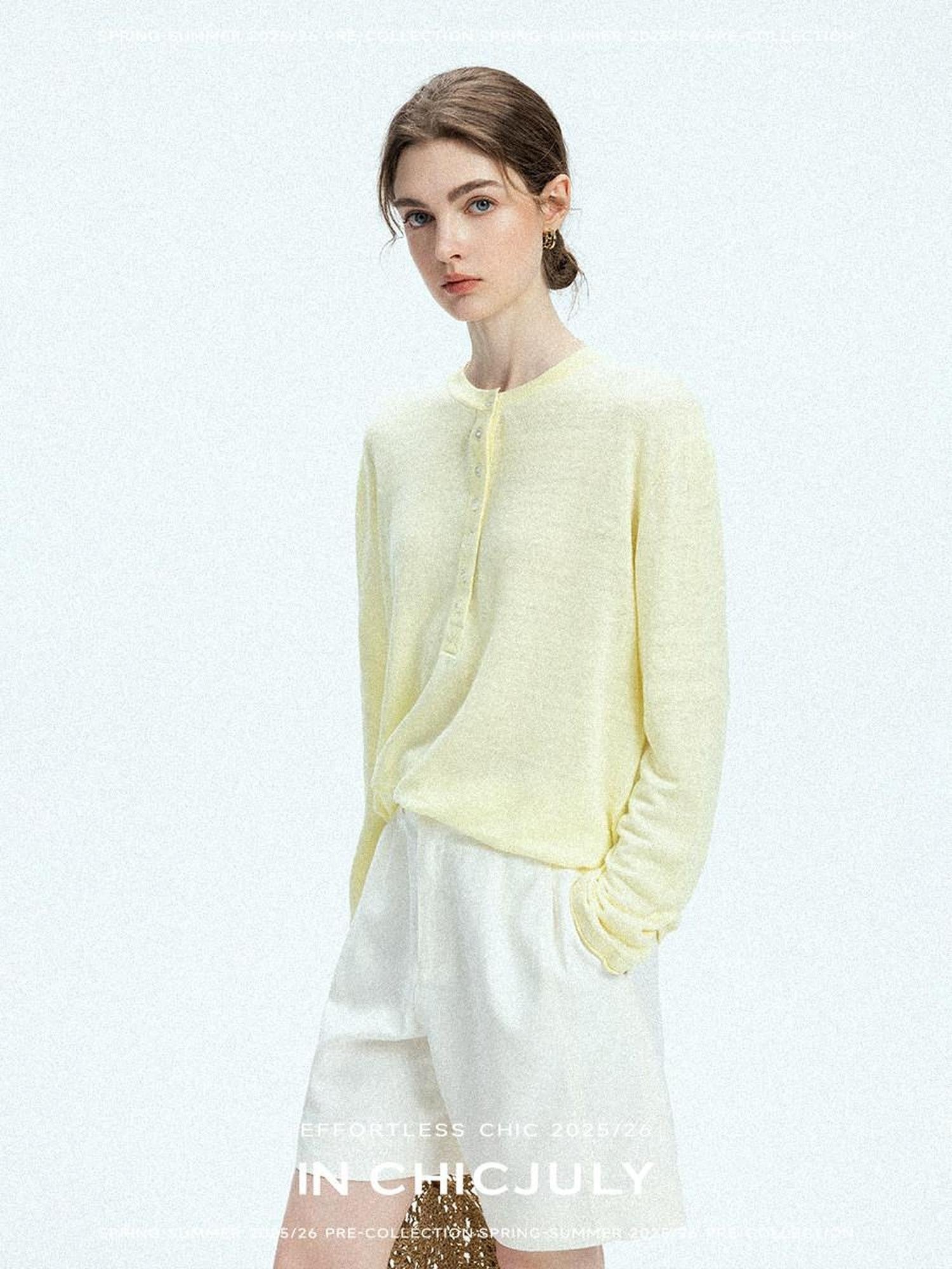 chicjuly Pale Lemon Buttoned Henley Relaxed Women's Linen Uv Long Sleeve T-shirts