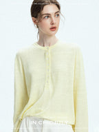 chicjuly Pale Lemon Buttoned Henley Relaxed Women's Linen Uv Long Sleeve T-shirts