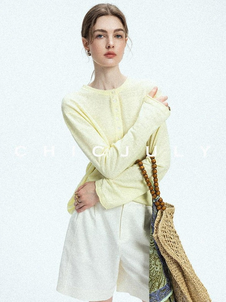 chicjuly Pale Lemon Buttoned Henley Relaxed Women's Linen Uv Long Sleeve T-shirts