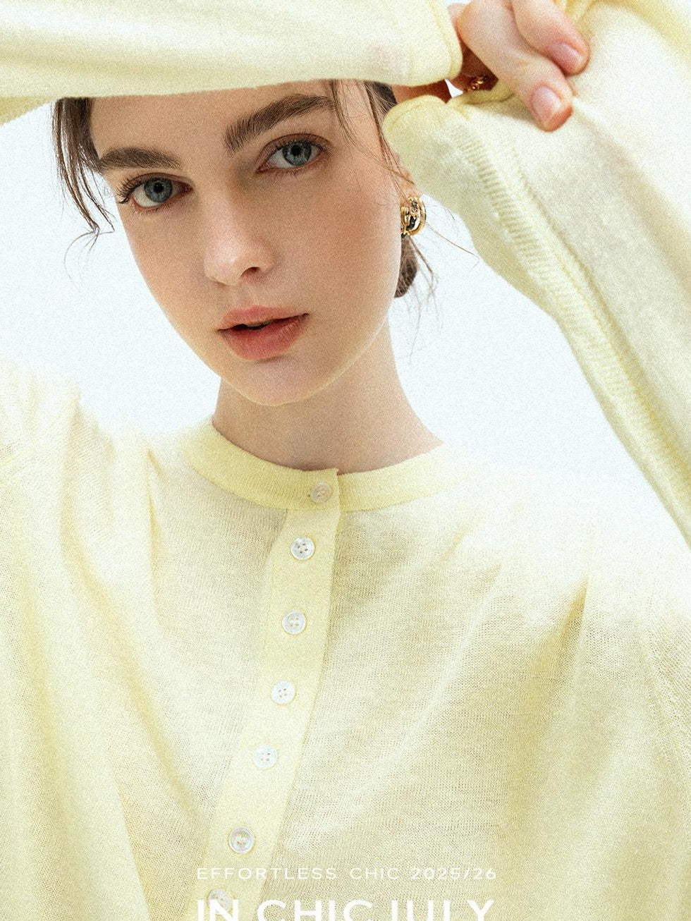 chicjuly Pale Lemon Buttoned Henley Relaxed Women's Linen Uv Long Sleeve T-shirts