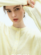 chicjuly Pale Lemon Buttoned Henley Relaxed Women's Linen Uv Long Sleeve T-shirts