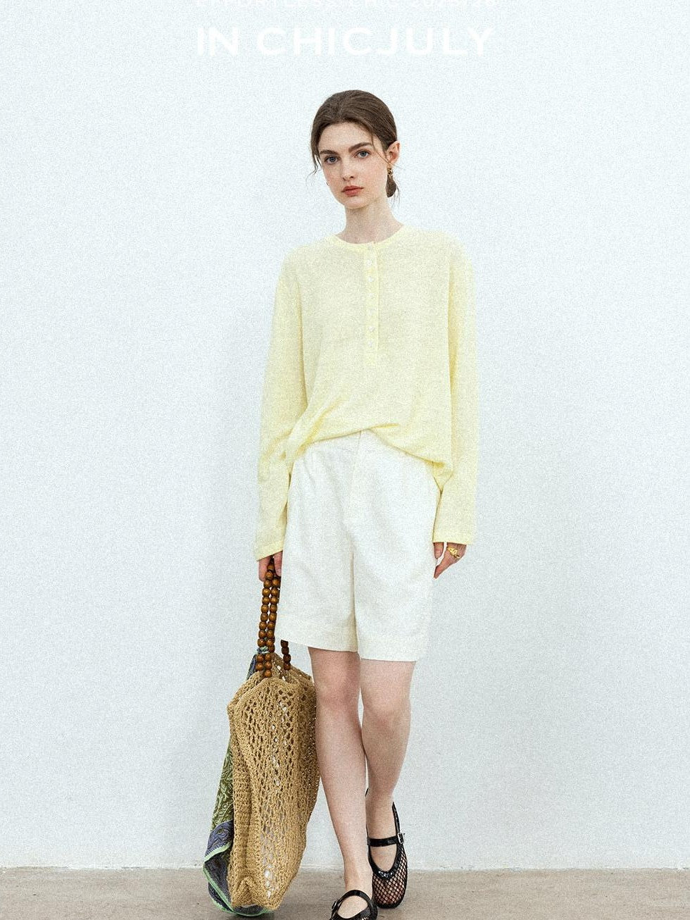 chicjuly Pale Lemon Buttoned Henley Relaxed Women's Linen Uv Long Sleeve T-shirts
