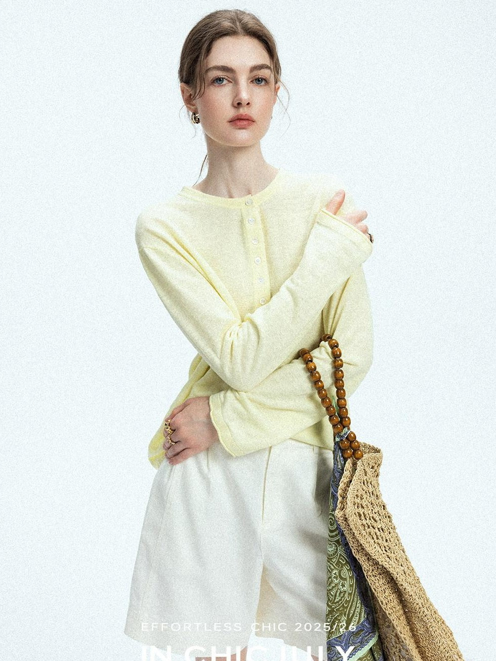 chicjuly Pale Lemon Buttoned Henley Relaxed Women's Linen Uv Long Sleeve T-shirts