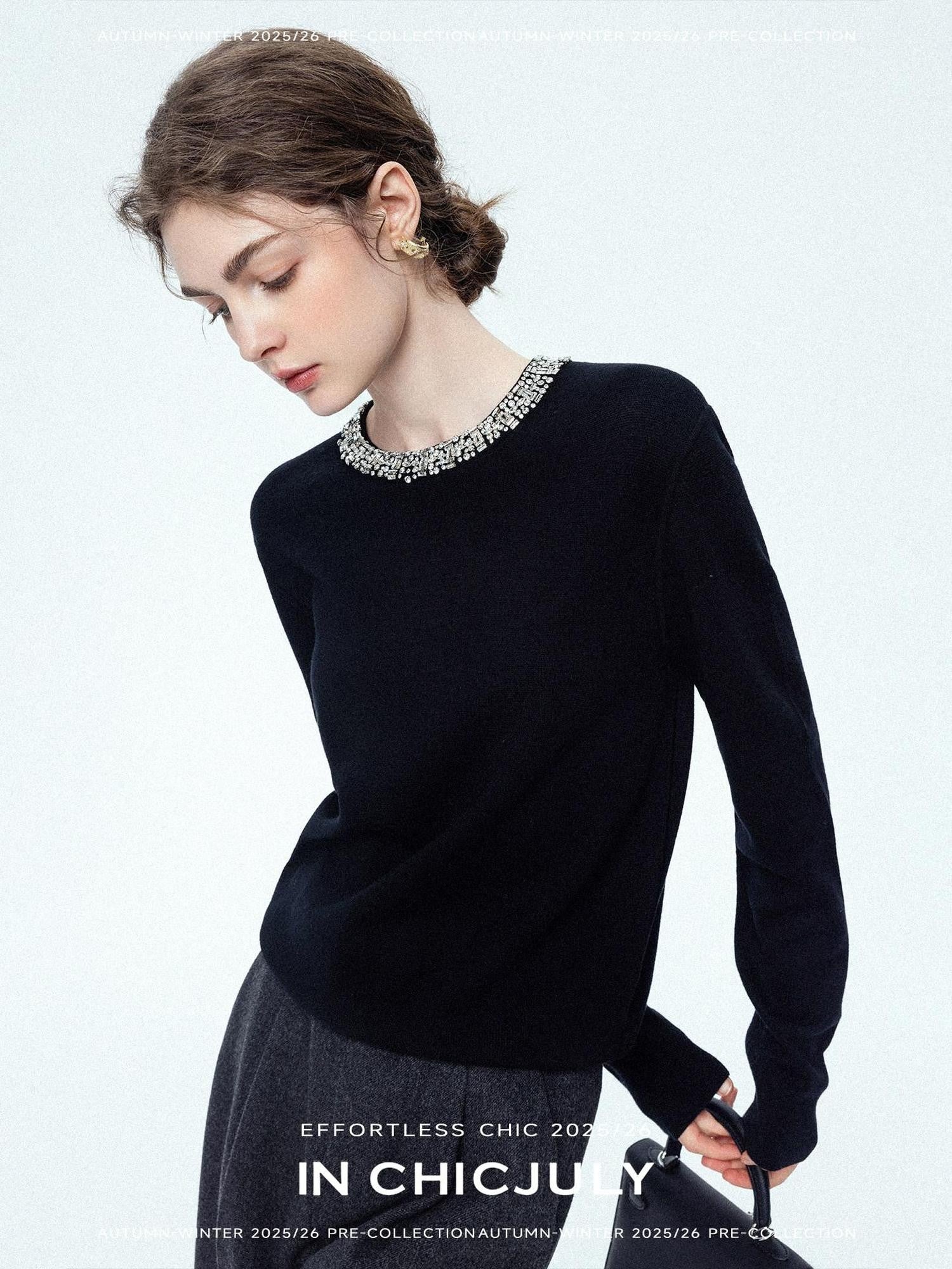 chicjuly Paris Night Crystal Embellished Women's 100 Percent Wool Long Sleeve T-shirts
