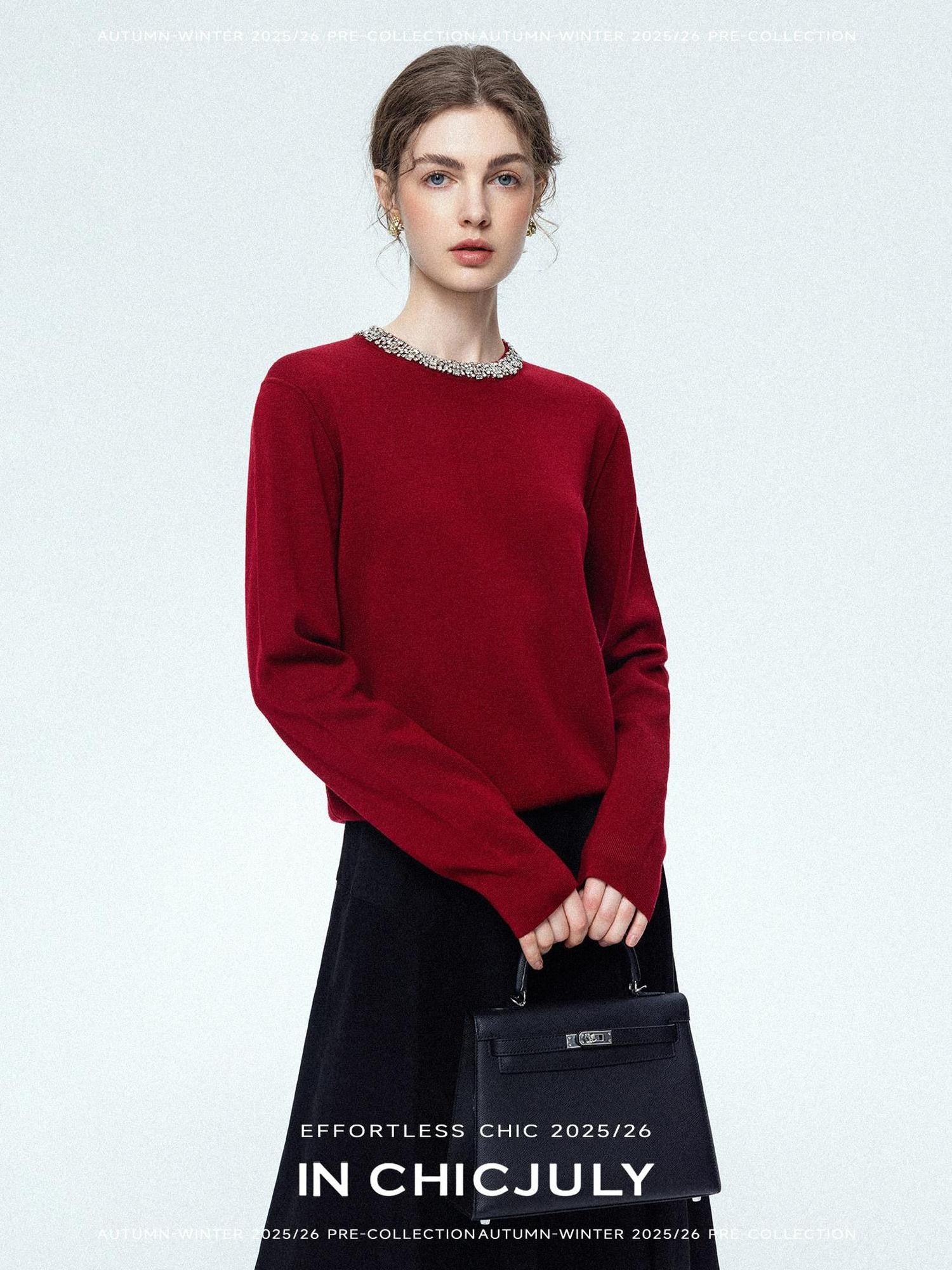 chicjuly Paris Night Crystal Embellished Women's 100 Percent Wool Long Sleeve T-shirts