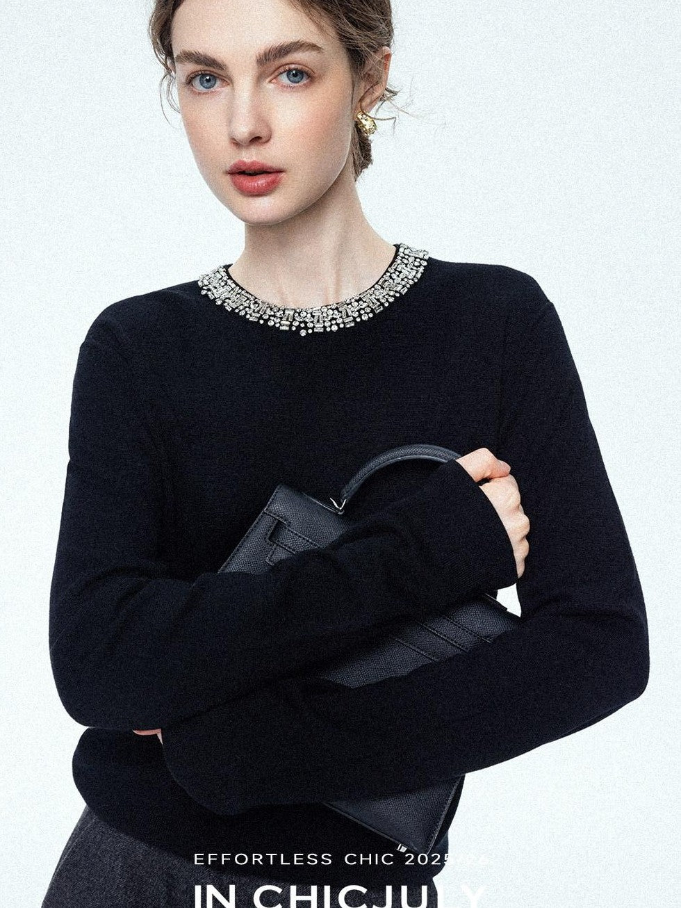chicjuly Paris Night Crystal Embellished Women's 100 Percent Wool Long Sleeve T-shirts