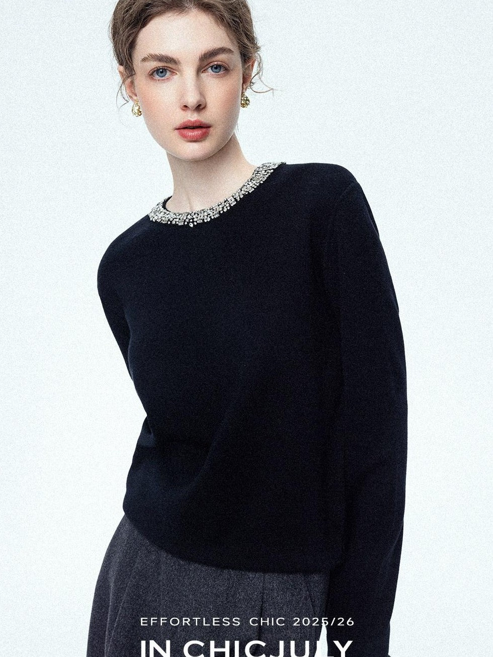 chicjuly Paris Night Crystal Embellished Women's 100 Percent Wool Long Sleeve T-shirts