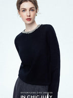 chicjuly Paris Night Crystal Embellished Women's 100 Percent Wool Long Sleeve T-shirts