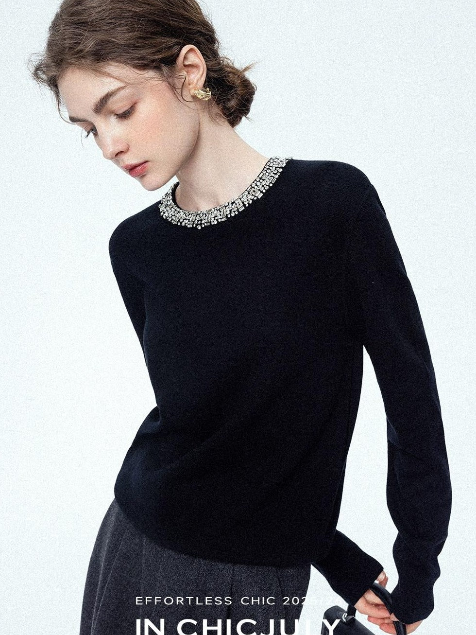 chicjuly Paris Night Crystal Embellished Women's 100 Percent Wool Long Sleeve T-shirts
