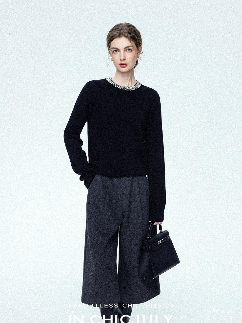 chicjuly Paris Night Crystal Embellished Women's 100 Percent Wool Long Sleeve T-shirts