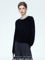 chicjuly Paris Night Crystal Embellished Women's 100 Percent Wool Long Sleeve T-shirts