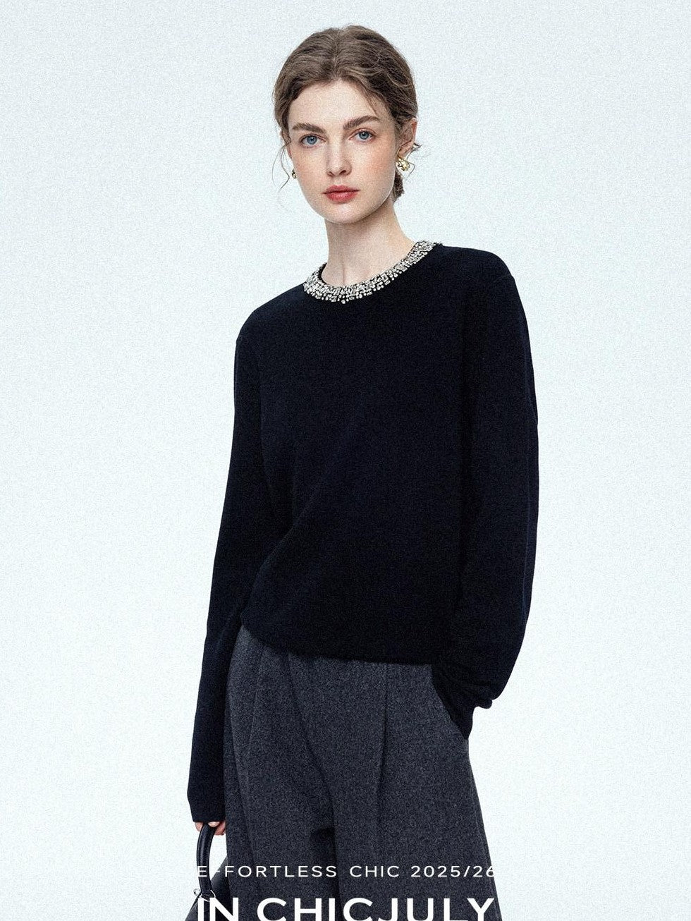 chicjuly Paris Night Crystal Embellished Women's 100 Percent Wool Long Sleeve T-shirts