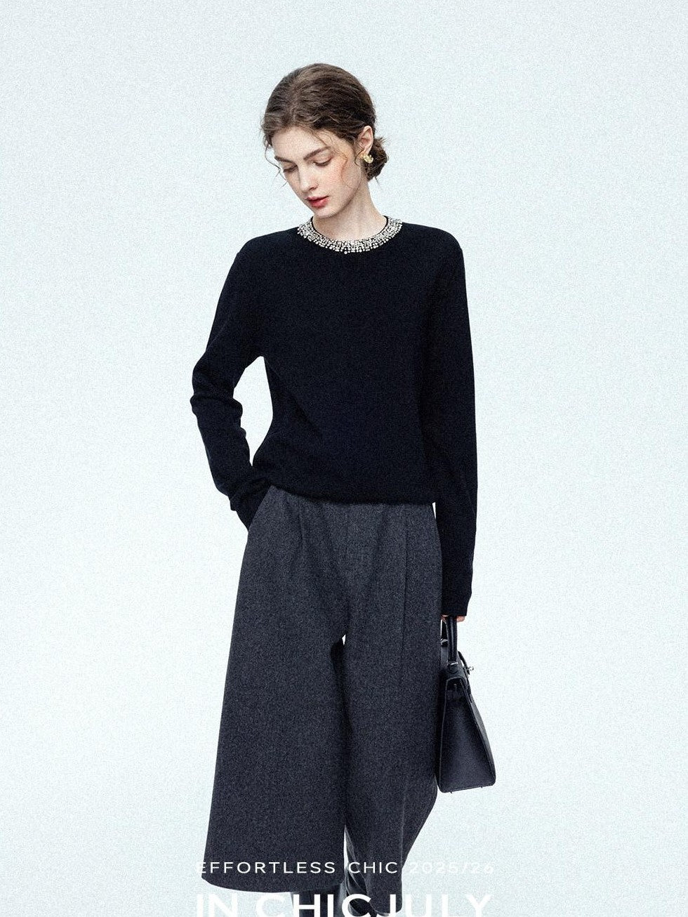 chicjuly Paris Night Crystal Embellished Women's 100 Percent Wool Long Sleeve T-shirts