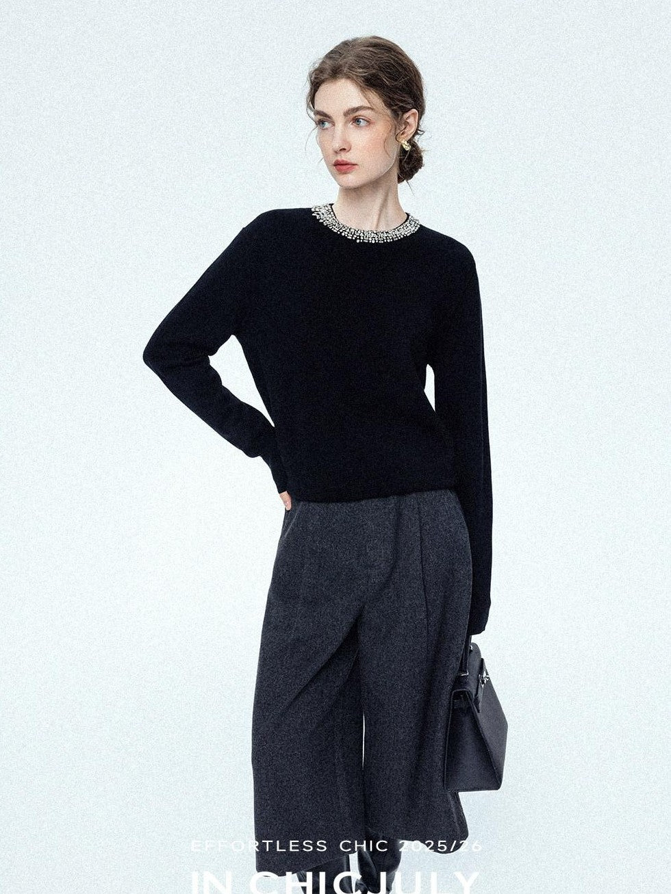chicjuly Paris Night Crystal Embellished Women's 100 Percent Wool Long Sleeve T-shirts