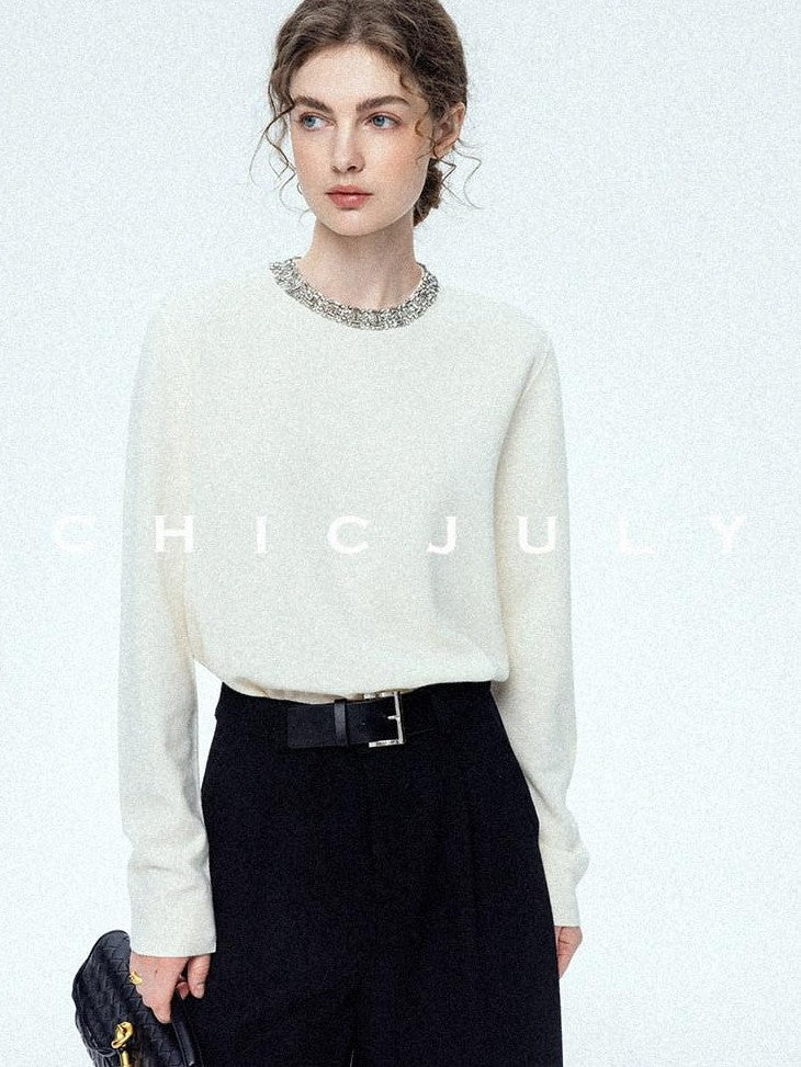 chicjuly Paris Night Crystal Embellished Women's 100 Percent Wool Long Sleeve T-shirts