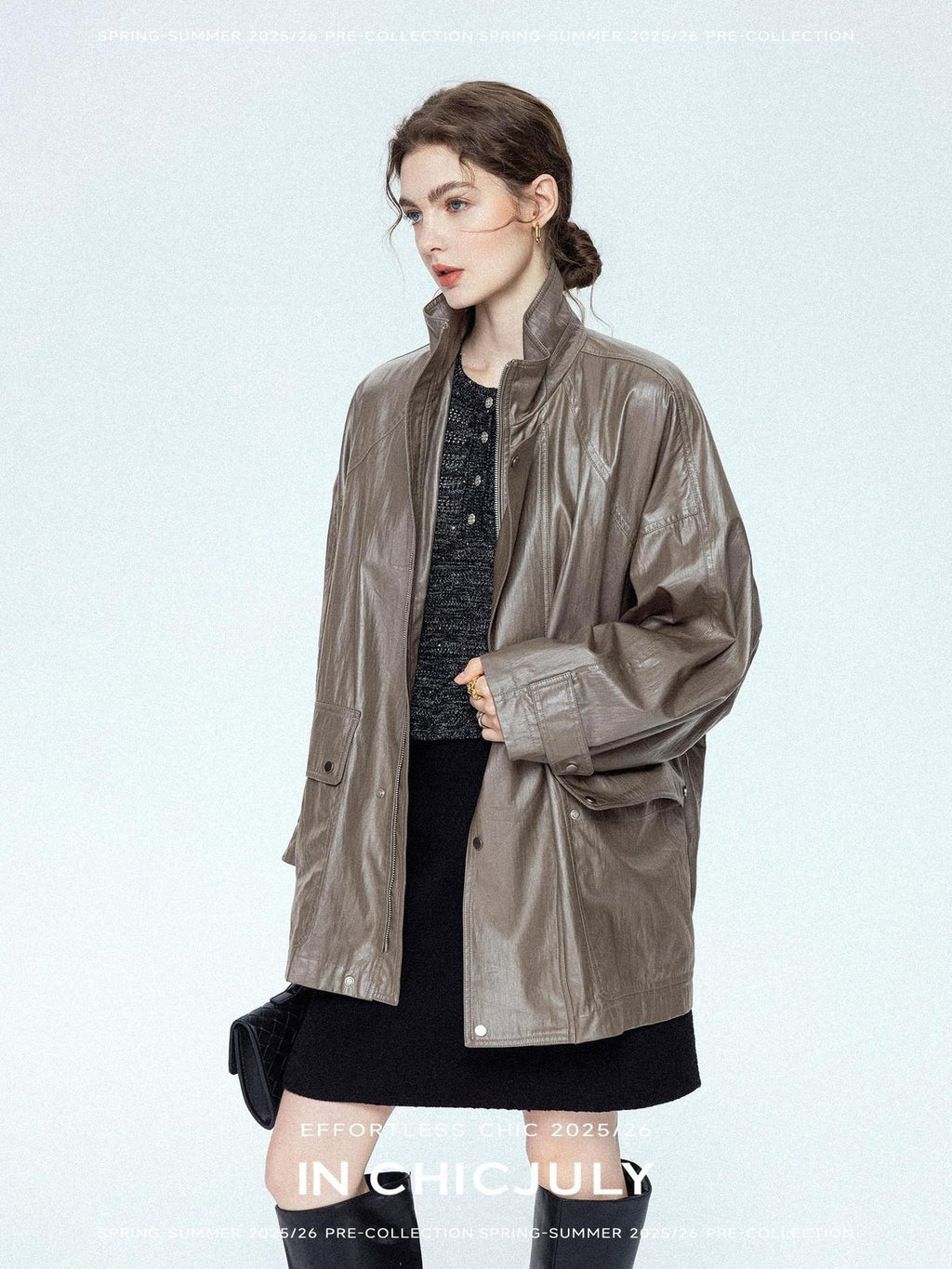 chicjuly Phantom Oil Wax Stand Collar Flap Pocket Zipper Women's Windbreakers