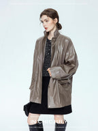 chicjuly Phantom Oil Wax Stand Collar Flap Pocket Zipper Women's Windbreakers