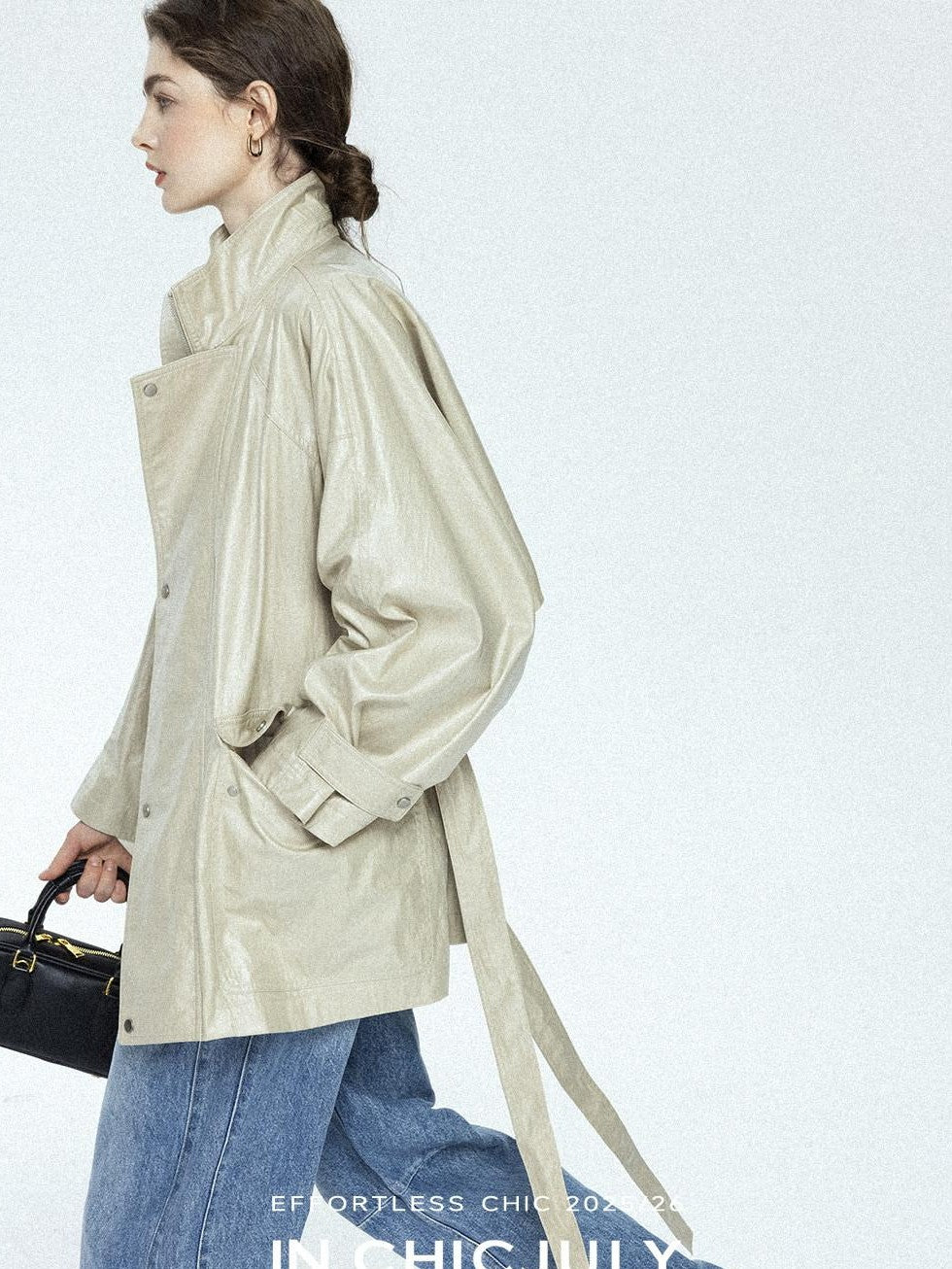 chicjuly Phantom Oil Wax Stand Collar Flap Pocket Zipper Women's Windbreakers