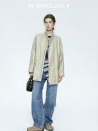 chicjuly Phantom Oil Wax Stand Collar Flap Pocket Zipper Women's Windbreakers