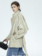 chicjuly Phantom Oil Wax Stand Collar Flap Pocket Zipper Women's Windbreakers
