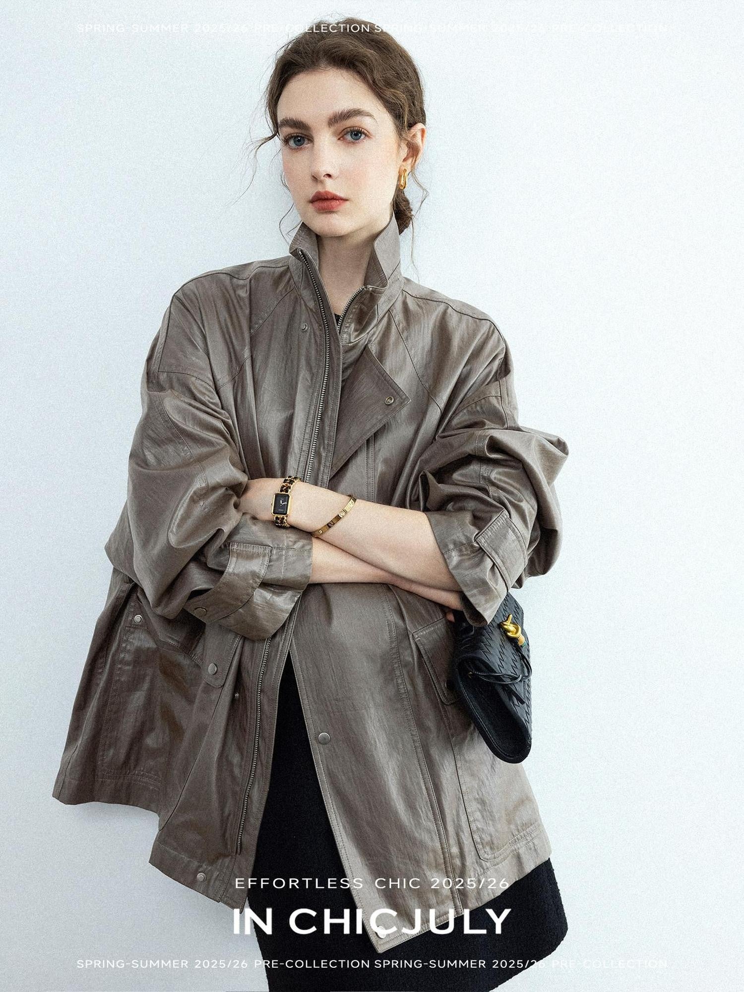 chicjuly Phantom Oil Wax Stand Collar Flap Pocket Zipper Women's Windbreakers