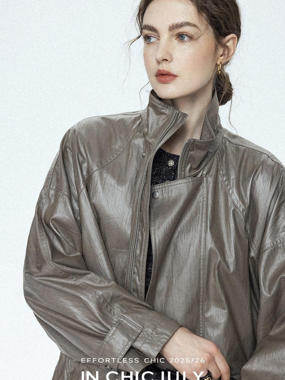 chicjuly Phantom Oil Wax Stand Collar Flap Pocket Zipper Women's Windbreakers
