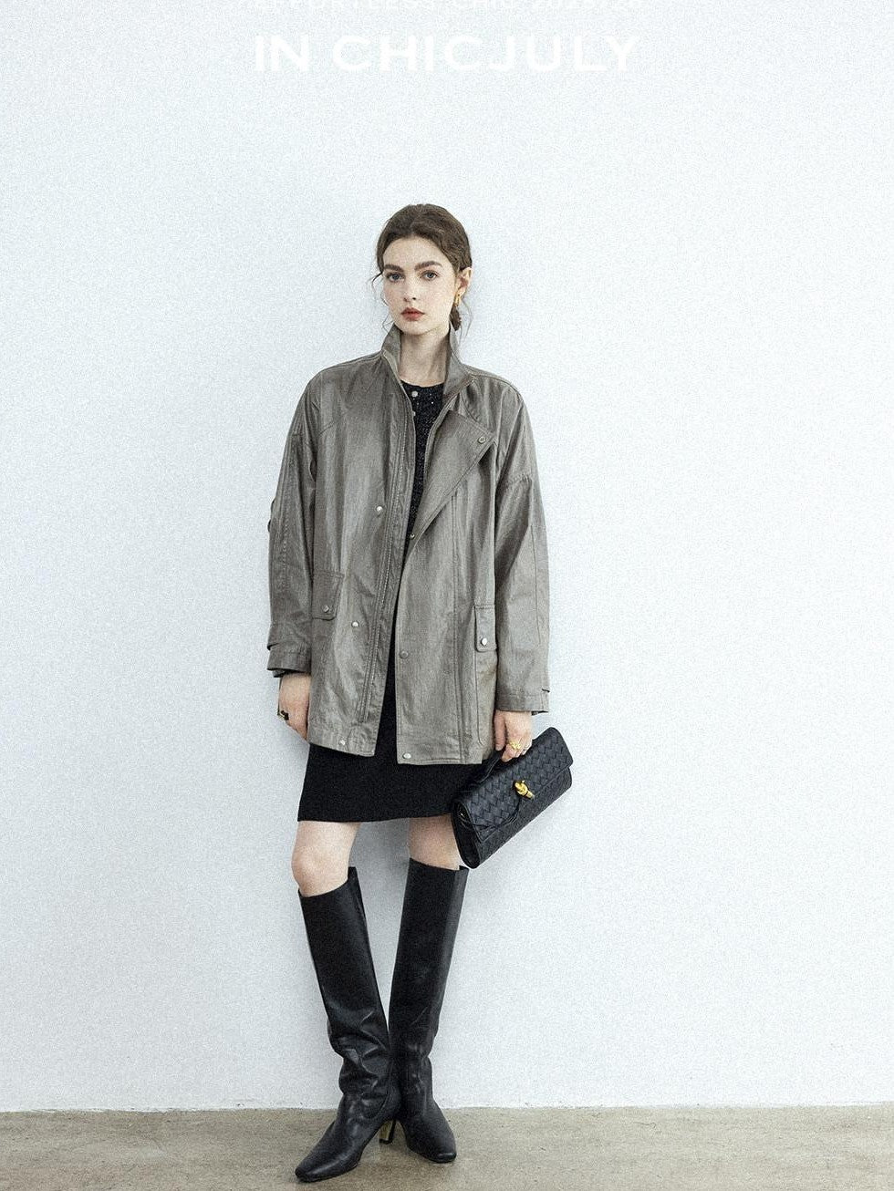 chicjuly Phantom Oil Wax Stand Collar Flap Pocket Zipper Women's Windbreakers