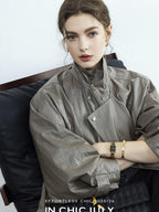 chicjuly Phantom Oil Wax Stand Collar Flap Pocket Zipper Women's Windbreakers