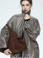 chicjuly Phantom Oil Wax Stand Collar Flap Pocket Zipper Women's Windbreakers