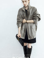 chicjuly Phantom Oil Wax Stand Collar Flap Pocket Zipper Women's Windbreakers