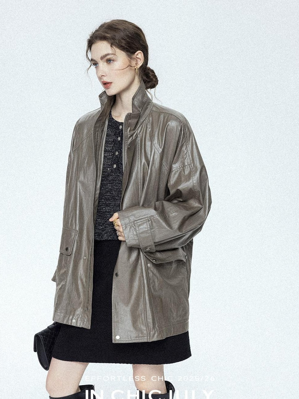 chicjuly Phantom Oil Wax Stand Collar Flap Pocket Zipper Women's Windbreakers
