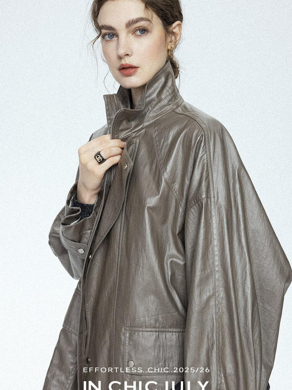 chicjuly Phantom Oil Wax Stand Collar Flap Pocket Zipper Women's Windbreakers