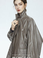 chicjuly Phantom Oil Wax Stand Collar Flap Pocket Zipper Women's Windbreakers