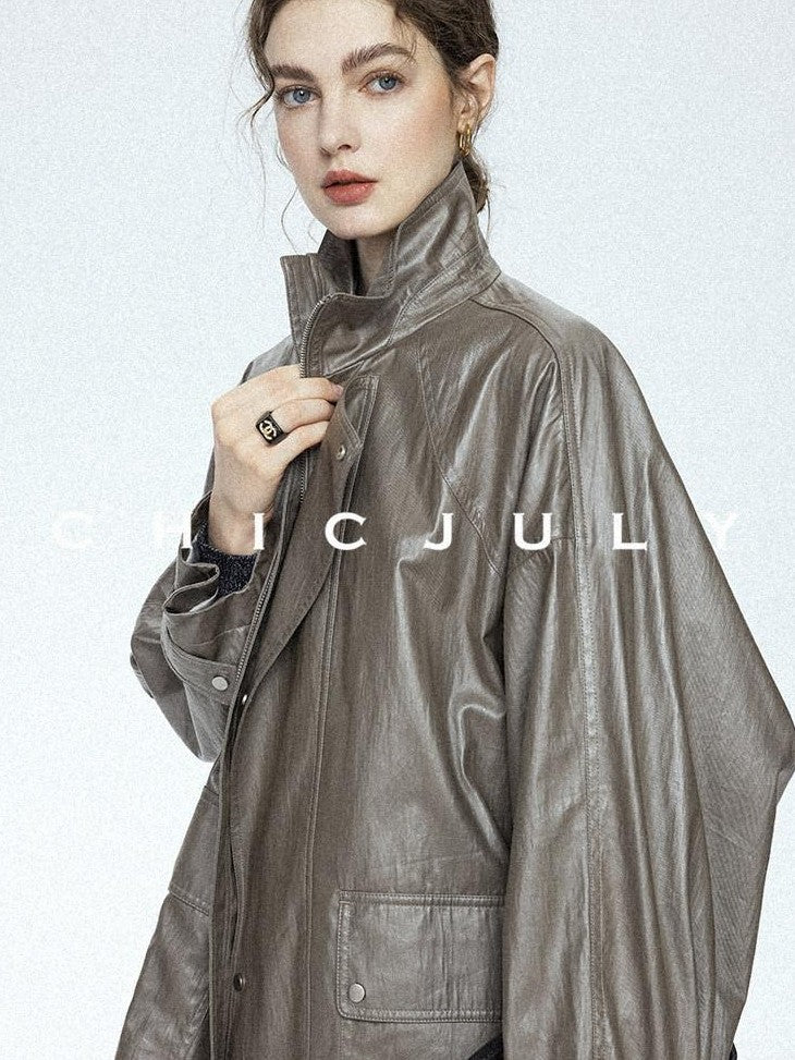 chicjuly Phantom Oil Wax Stand Collar Flap Pocket Zipper Women's Windbreakers