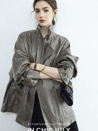 chicjuly Phantom Oil Wax Stand Collar Flap Pocket Zipper Women's Windbreakers