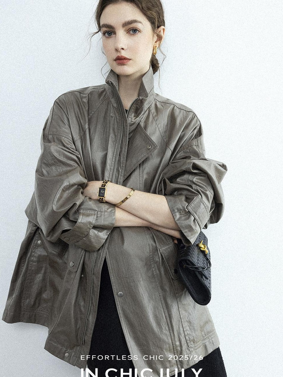chicjuly Phantom Oil Wax Stand Collar Flap Pocket Zipper Women's Windbreakers