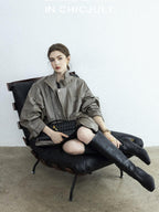chicjuly Phantom Oil Wax Stand Collar Flap Pocket Zipper Women's Windbreakers
