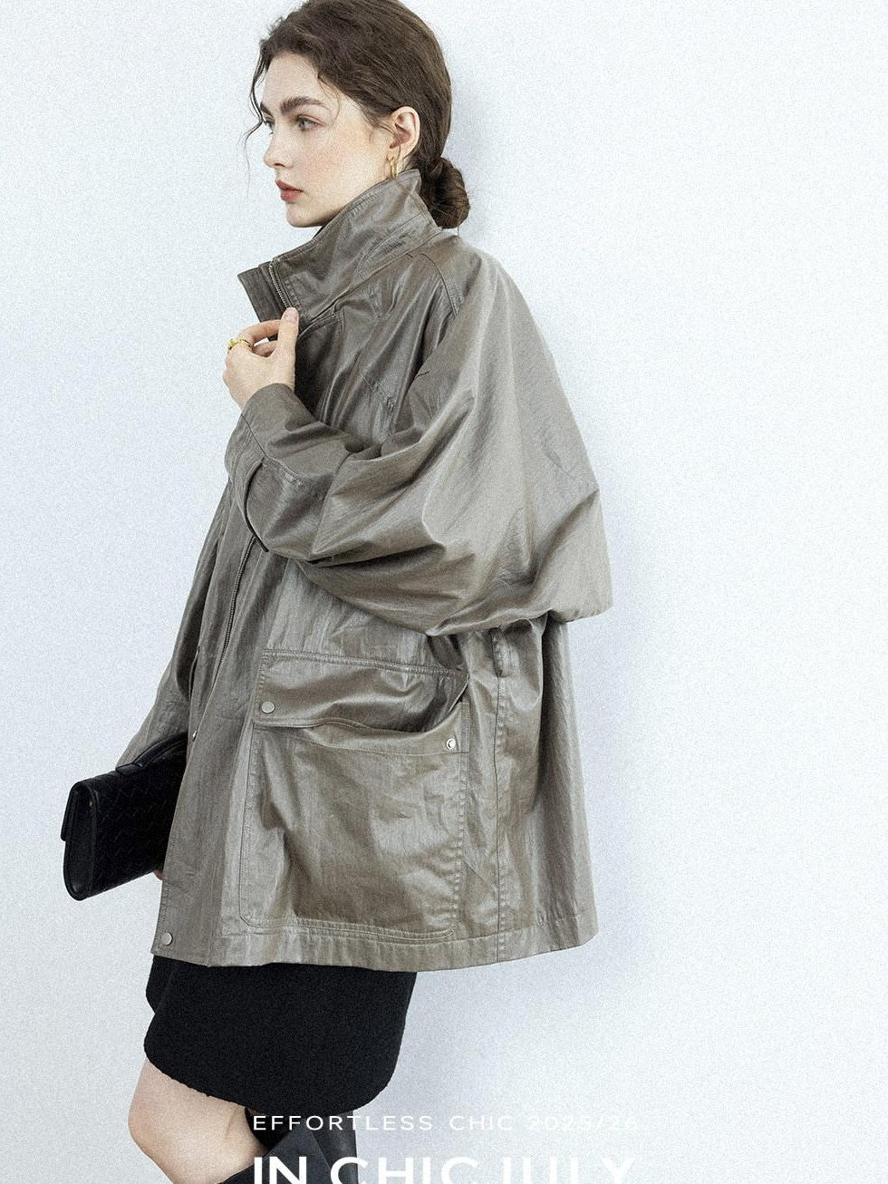 chicjuly Phantom Oil Wax Stand Collar Flap Pocket Zipper Women's Windbreakers