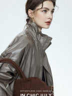 chicjuly Phantom Oil Wax Stand Collar Flap Pocket Zipper Women's Windbreakers