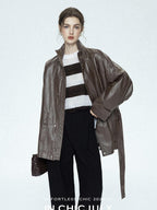 chicjuly Phantom Oil Wax Stand Collar Flap Pocket Zipper Women's Windbreakers