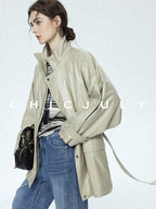 chicjuly Phantom Oil Wax Stand Collar Flap Pocket Zipper Women's Windbreakers