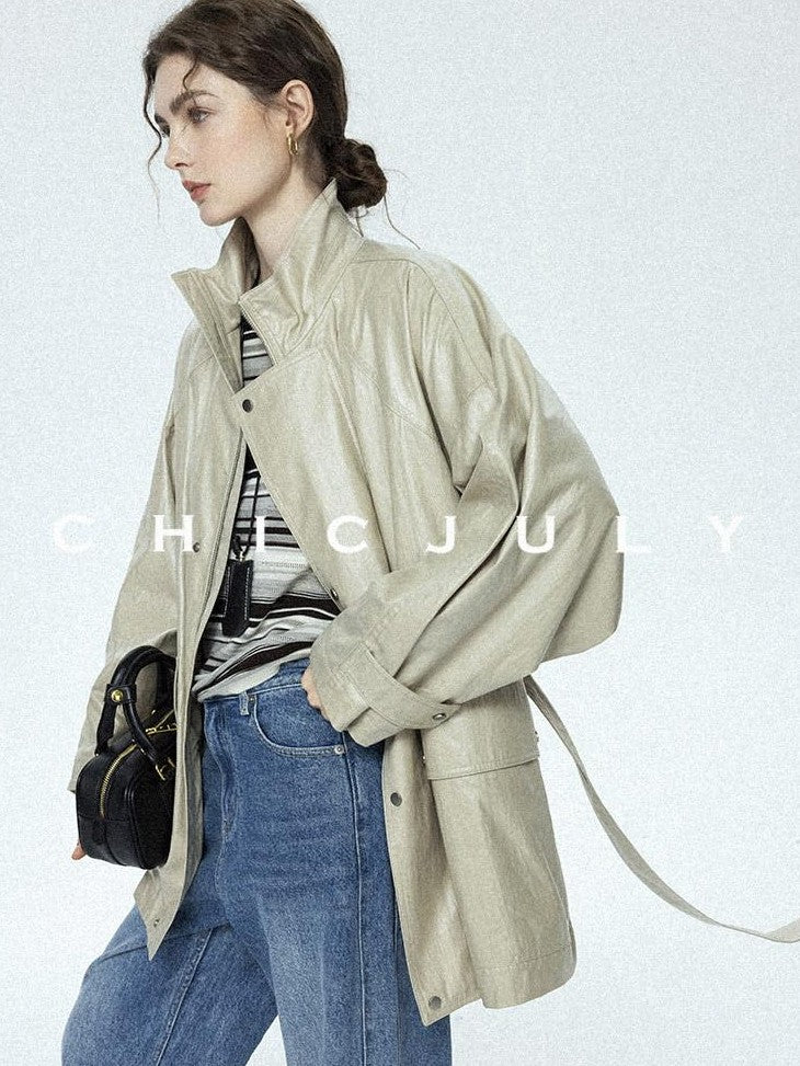 chicjuly Phantom Oil Wax Stand Collar Flap Pocket Zipper Women's Windbreakers