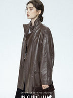 chicjuly Phantom Oil Wax Stand Collar Flap Pocket Zipper Women's Windbreakers