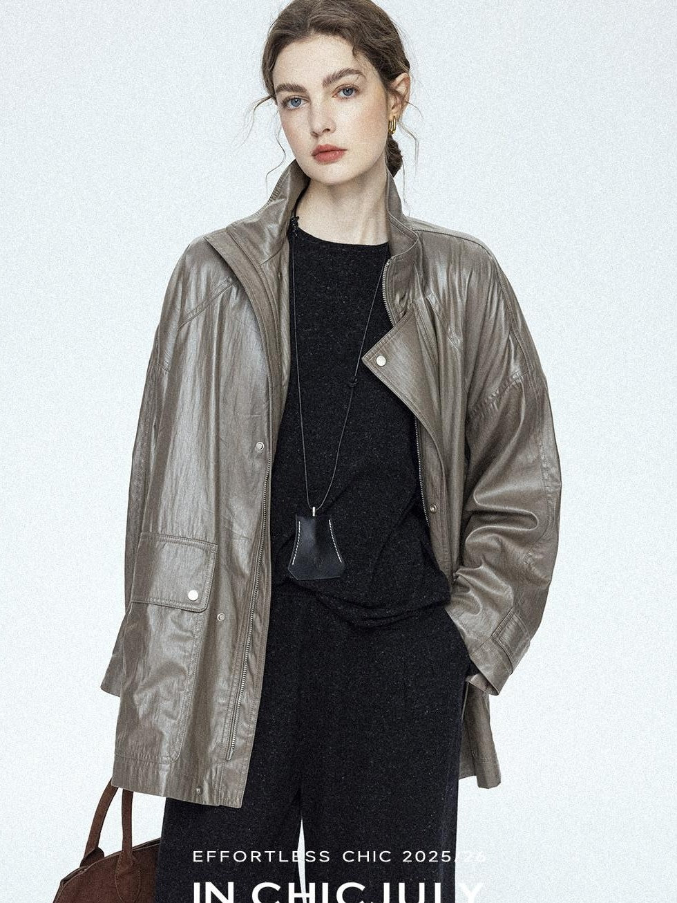 chicjuly Phantom Oil Wax Stand Collar Flap Pocket Zipper Women's Windbreakers