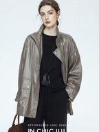 chicjuly Phantom Oil Wax Stand Collar Flap Pocket Zipper Women's Windbreakers