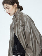 chicjuly Phantom Oil Wax Stand Collar Flap Pocket Zipper Women's Windbreakers