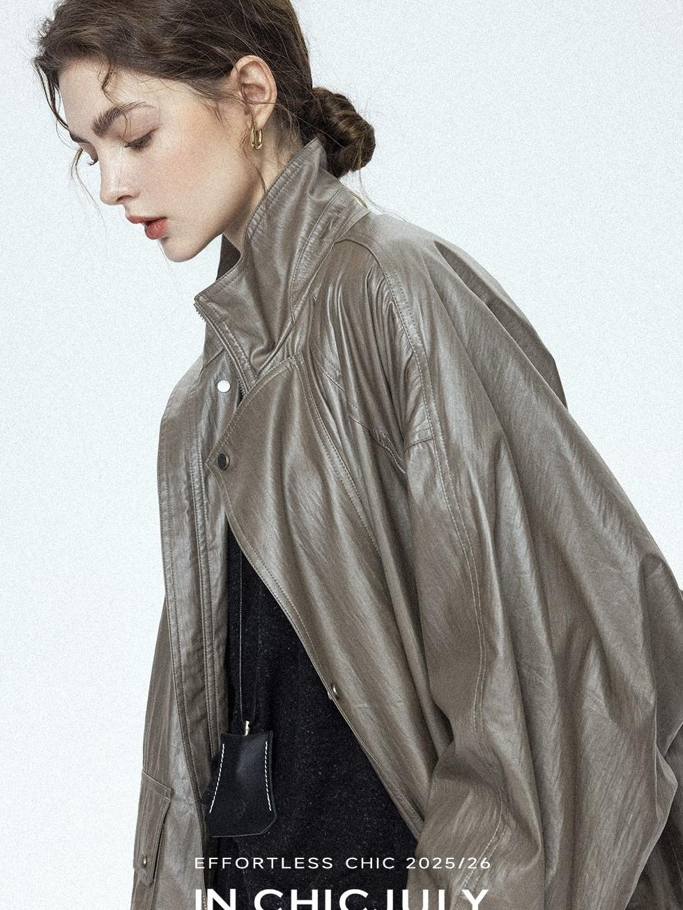 chicjuly Phantom Oil Wax Stand Collar Flap Pocket Zipper Women's Windbreakers