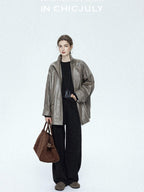 chicjuly Phantom Oil Wax Stand Collar Flap Pocket Zipper Women's Windbreakers