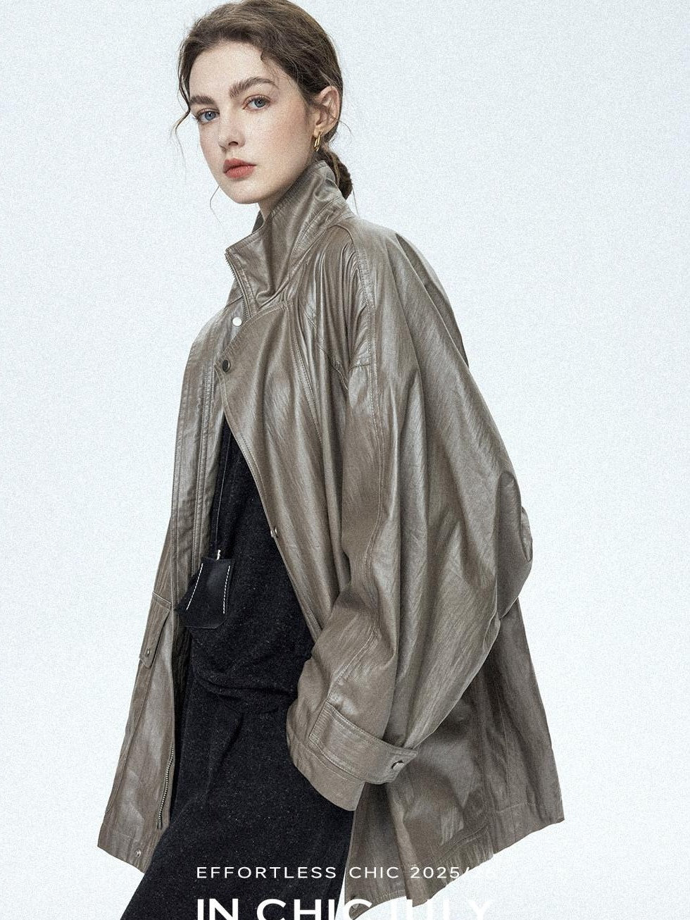 chicjuly Phantom Oil Wax Stand Collar Flap Pocket Zipper Women's Windbreakers