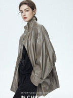 chicjuly Phantom Oil Wax Stand Collar Flap Pocket Zipper Women's Windbreakers